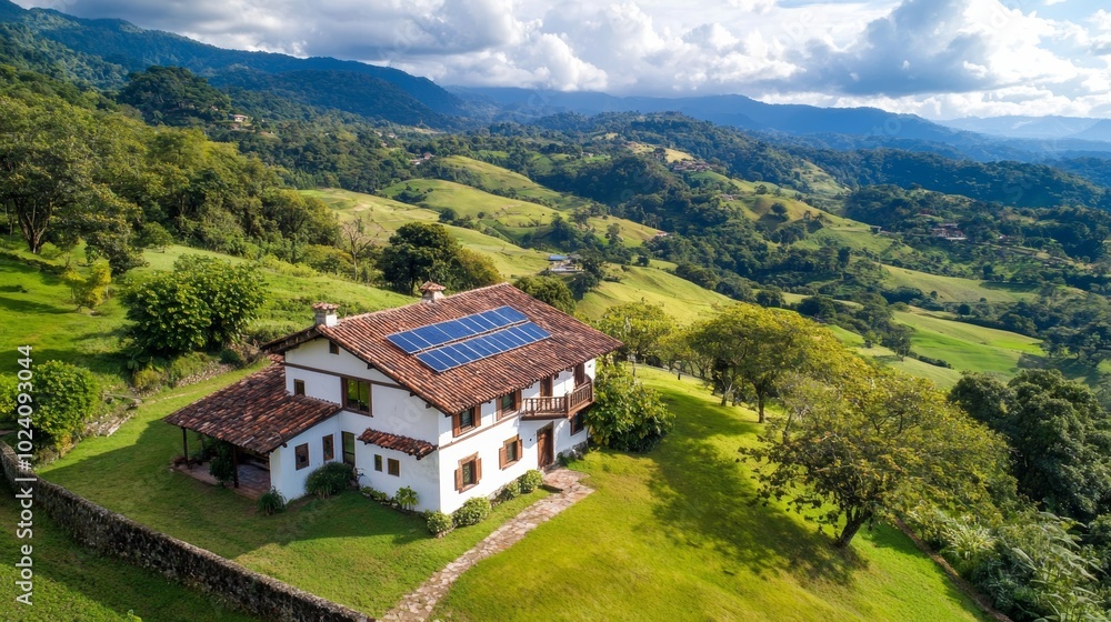Aerial view of a countryside house with solar panels, surrounded by lush green hills and a clear blue sky, showcasing sustainable living. Aerial view of a countryside house with solar panels, surrounded by lush green hills and a clear blue sky, showcasing sustainable living.