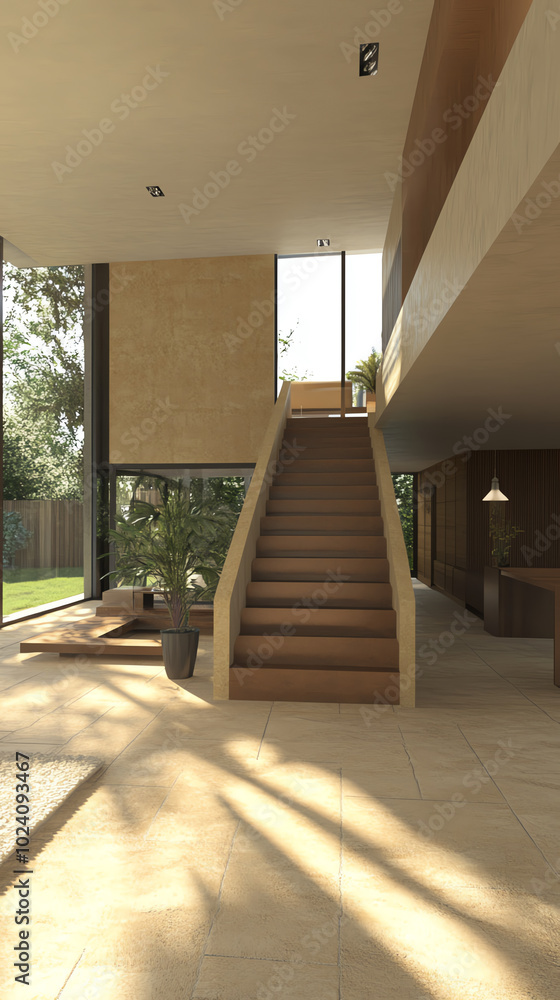 Modern interior design with wooden staircase Modern interior design with wooden staircase