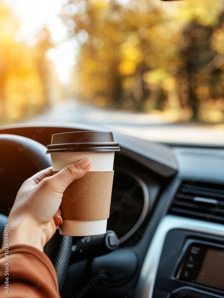 Person enjoying a hot coffee while driving on an autumn road trip. Cozy fall vibes with beautiful foliage outside the car window. Person enjoying a hot coffee while driving on an autumn road trip. Cozy fall vibes with beautiful foliage outside the car window.