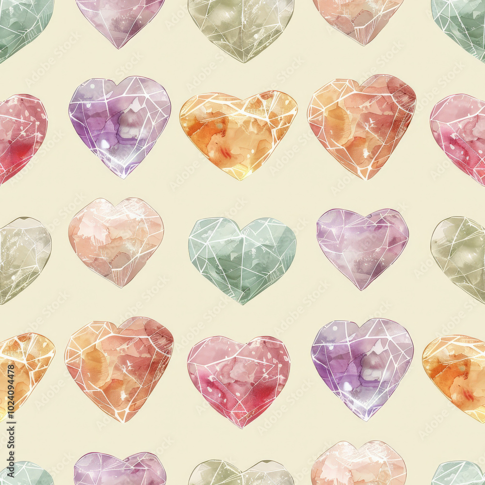 Naklejka premium Delicate watercolor heart shaped gemstones in soft pastel colors create charming pattern. Perfect for romantic designs and artistic projects.