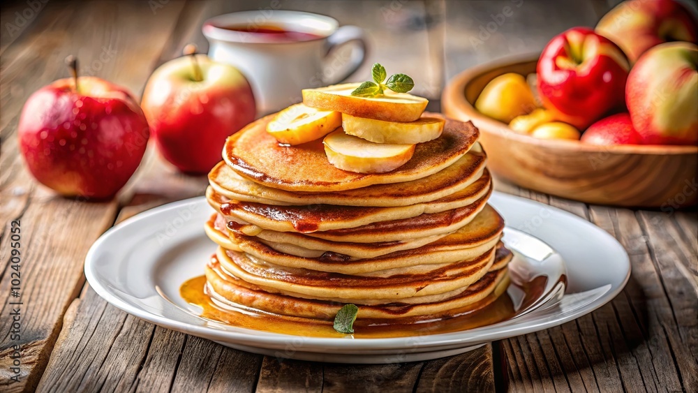 A stack of golden pancakes adorned with apple slices and a drizzle of maple syrup, a delightful breakfast treat A stack of golden pancakes adorned with apple slices and a drizzle of maple syrup, a delightful breakfast treat