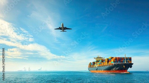 International logistics port, there is a ship on the sea, there are many containers on it. The background is blue sky, there is a plane in the sky, overlooking Angle, clean, simple © Veayo