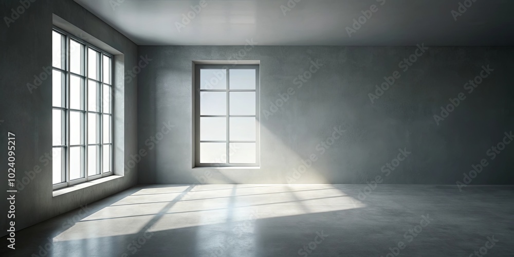 Fototapeta premium Sunlight streams through two large windows illuminating the expanse of a bare concrete room, casting long shadows on the polished floor.