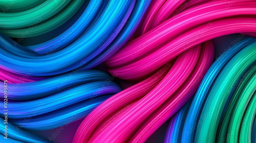 The image is of an abstract design with multiple layers of bright, neon blue and hot pink curved lines. The image is of an abstract design with multiple layers of bright, neon blue and hot pink curved lines.