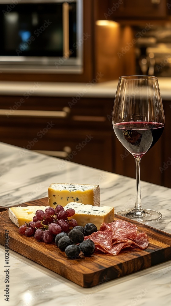 Elegant cheese and wine pairing on a marble kitchen countertop Elegant cheese and wine pairing on a marble kitchen countertop