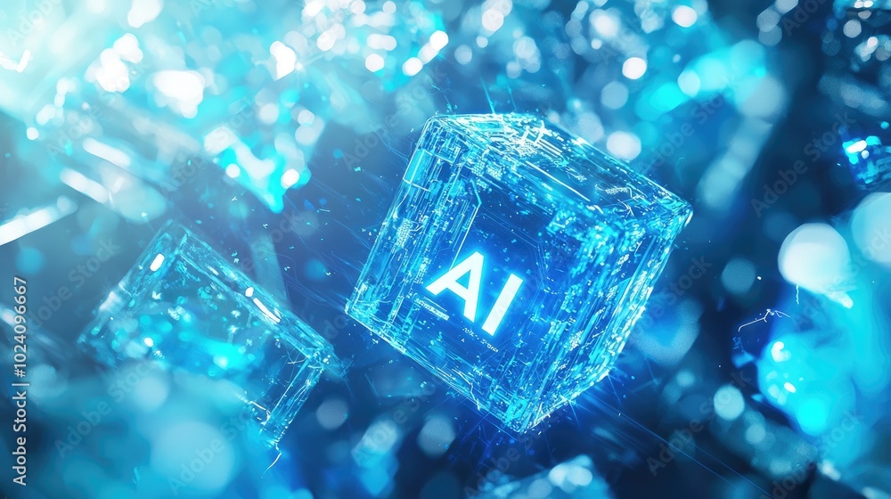 Light blue tech background, a 3D floating cube made of glass with the word Light blue tech background, a 3D floating cube made of glass with the word
