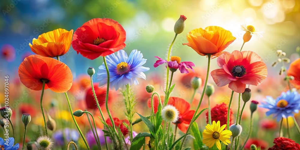 Obraz premium A vibrant tapestry of wildflowers, bathed in warm sunlight, their delicate petals unfurling in a symphony of colors, creating a breathtaking natural masterpiece.