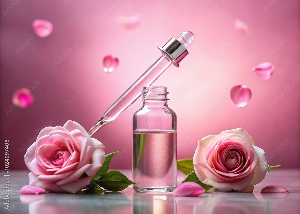 Elegant Cosmetic Pipette Dropper with Roses - Beauty and Nature Inspired Composition for Skincare Products Elegant Cosmetic Pipette Dropper with Roses - Beauty and Nature Inspired Composition for Skincare Products