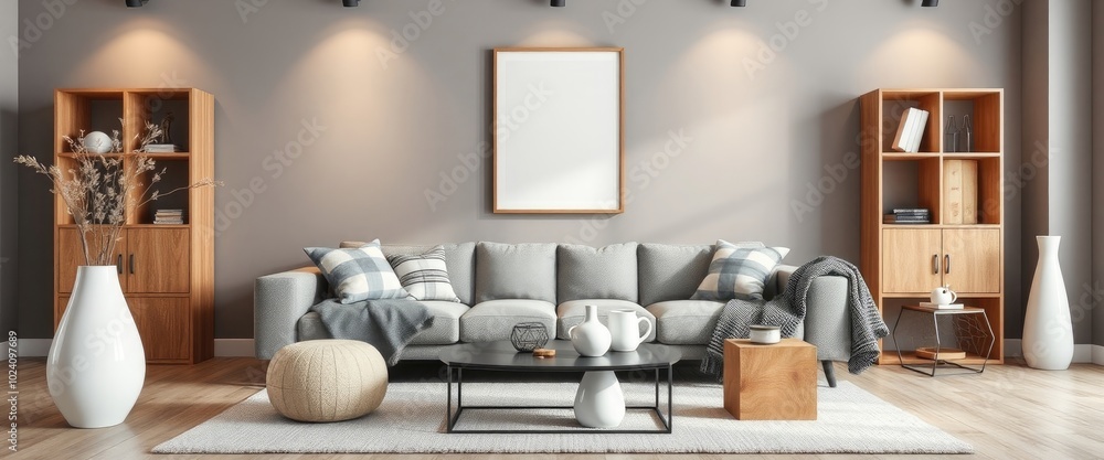 Scandinavian dining room with gold lamp and sharing table. AI generate. Scandinavian dining room with gold lamp and sharing table. AI generate.