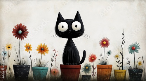 black kitty cat kitten sitting flowerpot flowers grey background center garden vegetation planters stems auburn eyes cute funny sparky photo