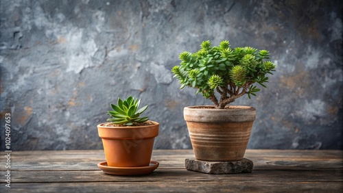 A Rustic Still Life Featuring Two Succulents in Terracotta Pots on a Weathered Wooden Table