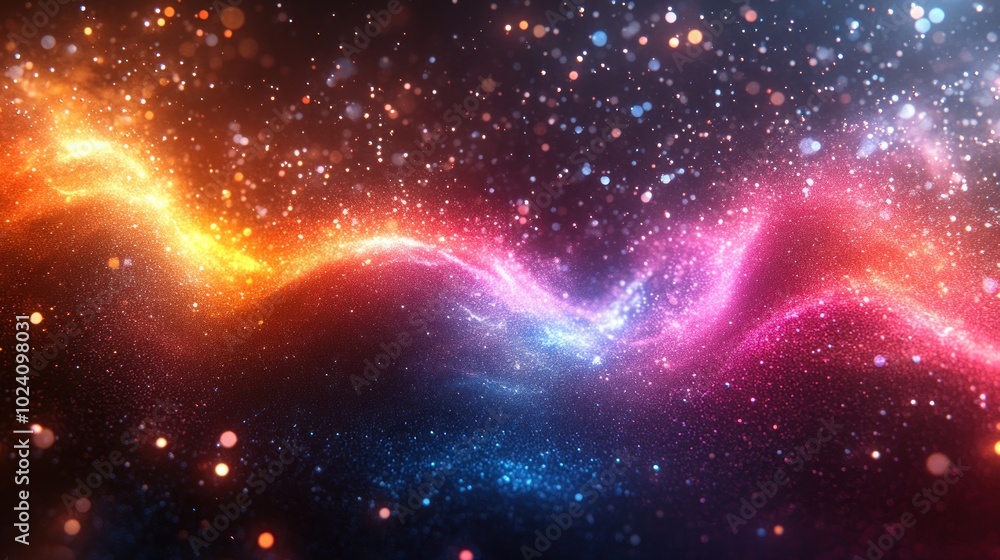 Abstract background with vibrant, swirling blue and orange light streaks and twinkling particles on a black background. Abstract background with vibrant, swirling blue and orange light streaks and twinkling particles on a black background.