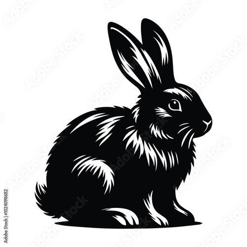 A monochrome drawing of a rabbit with an assortment of carrots and other vegetables nearby