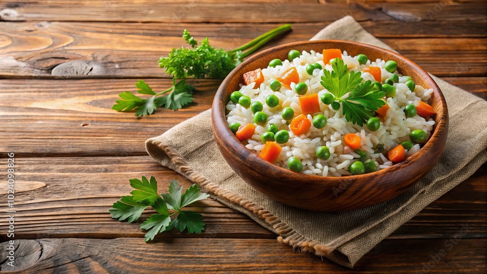 A Wooden Bowl Filled with White Rice, Green Peas, and Orange Carrot Cubes, Set Against a Rustic Wooden Tabletop with Sprigs of Parsley Scattered Around A Wooden Bowl Filled with White Rice, Green Peas, and Orange Carrot Cubes, Set Against a Rustic Wooden Tabletop with Sprigs of Parsley Scattered Around