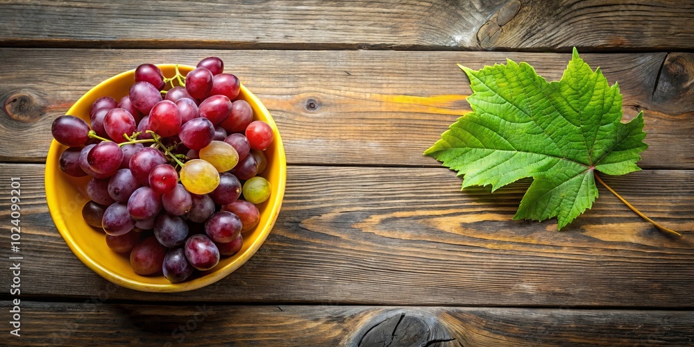 A vibrant bowl of juicy red grapes resting on a rustic wooden surface, accented by a lush green leaf, creating a simple yet captivating still life. A vibrant bowl of juicy red grapes resting on a rustic wooden surface, accented by a lush green leaf, creating a simple yet captivating still life.