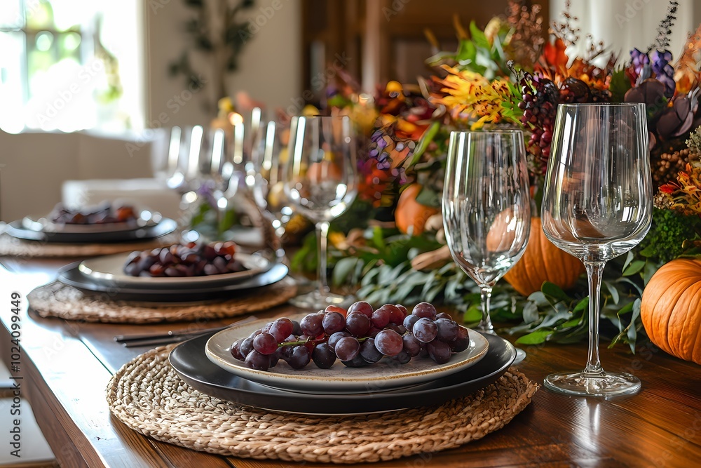 A beautifully set dining table with an autumnal theme, featuring dark plates and glasses on wicker placemats surrounded by fall flowers and pumpkins A beautifully set dining table with an autumnal theme, featuring dark plates and glasses on wicker placemats surrounded by fall flowers and pumpkins