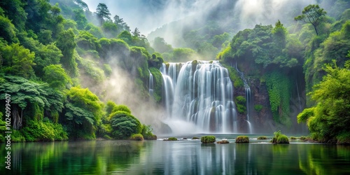 A misty waterfall cascades into a tranquil pool surrounded by lush greenery, sunlight filtering through the leaves creates a serene ambiance.