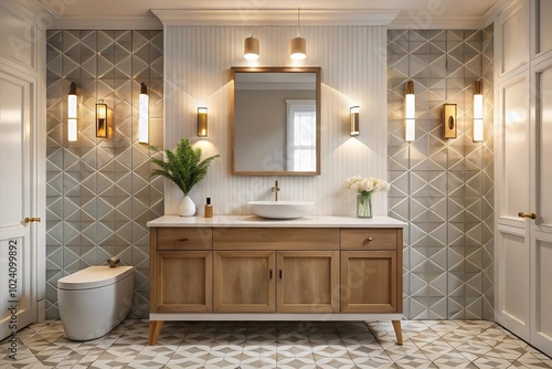 Inviting modern classic minimalist bathroom with standalone vanity, geometric tiles, warm lighting - Macro photo