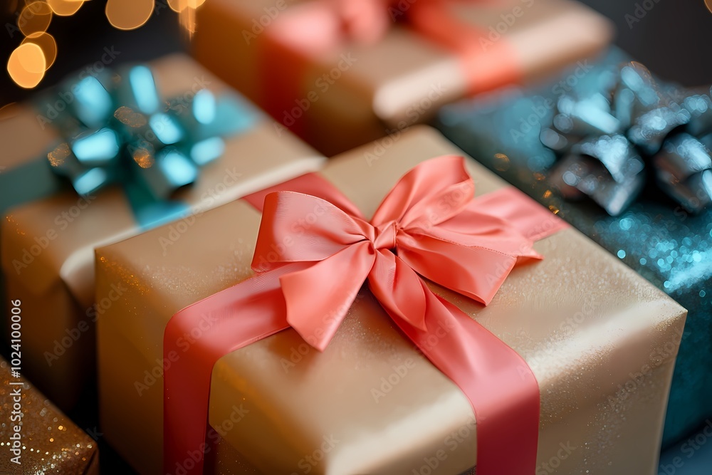 Close-up of wrapped gifts with bows, including one in gold paper and pink ribbon on the front Close-up of wrapped gifts with bows, including one in gold paper and pink ribbon on the front
