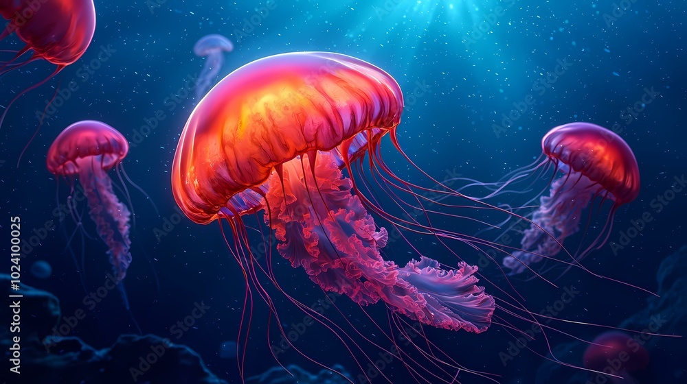 Obraz premium The image contains four jellyfish, some in focus and some out of focus, swimming in dark blue water. A ray of sunlight shines down. Most of the jellyfish are pink with a red hue, but one is magenta