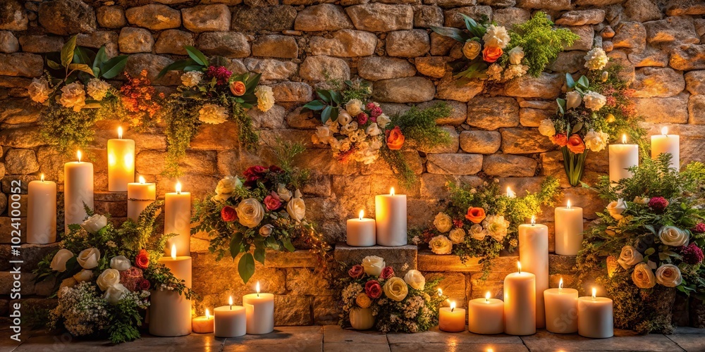 A wall of rustic stone adorned with vibrant floral arrangements and a collection of flickering candles creates a warm and inviting ambiance. A wall of rustic stone adorned with vibrant floral arrangements and a collection of flickering candles creates a warm and inviting ambiance.