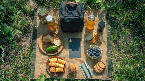 On a nice mat in a picnic clearing, on which various picnic things are laid out: Different things to eat Juice Cooler bag The picnic bag itself Speaker  photo