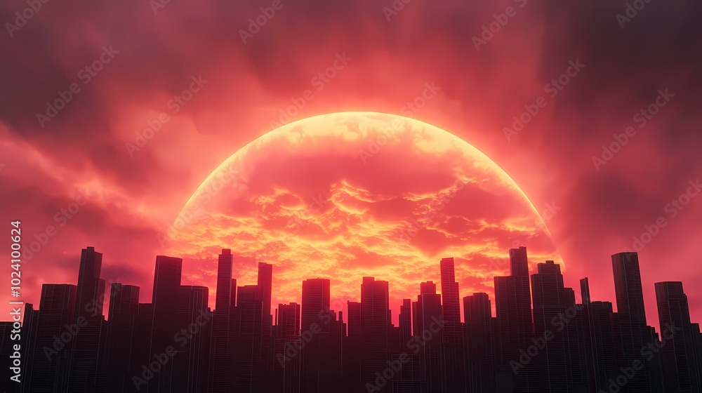 Fototapeta premium A city skyline stands tall against a glowing red sky, with the sun setting in the distance.