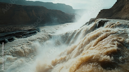 The river rushes down the spectacular waterfall photo