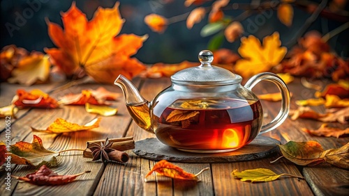 Autumnal Tea Ceremony A Glass Teapot Nestled Amongst Fallen Leaves, Warm Brew Reflecting the Golden Hues of the Season