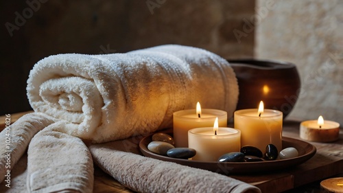 Relaxing spa setup with candles, soft towels, and smooth stones for a rejuvenating experience at a tranquil setting