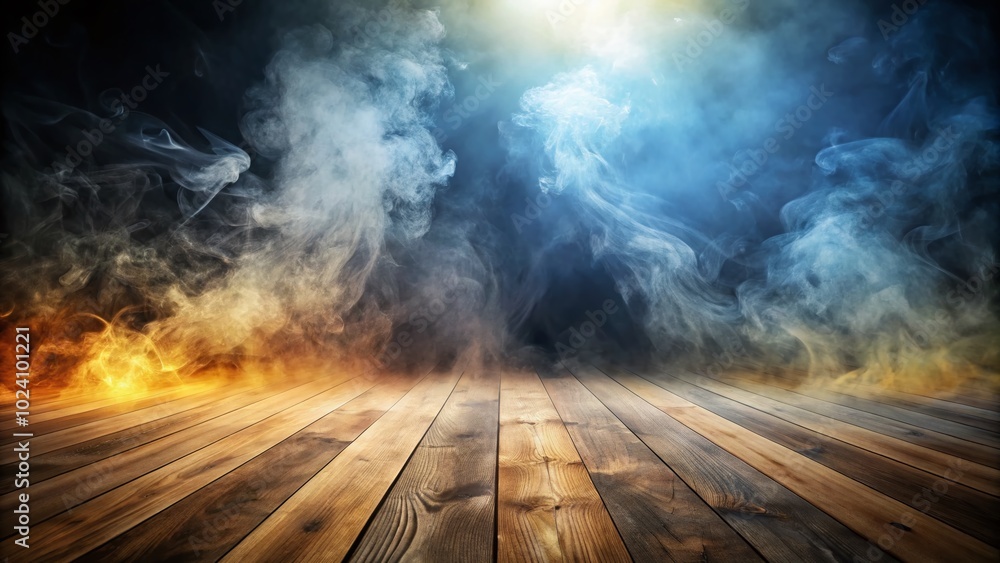 Enchanting interplay of dark fog and ethereal white mist swirls gracefully over a rustic wooden floor, creating a Enchanting interplay of dark fog and ethereal white mist swirls gracefully over a rustic wooden floor, creating a