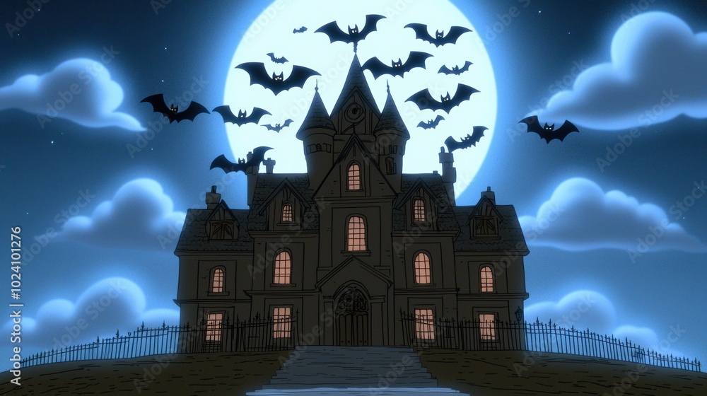 Spooky Haunted House Under Full Moon Night Sky Spooky Haunted House Under Full Moon Night Sky