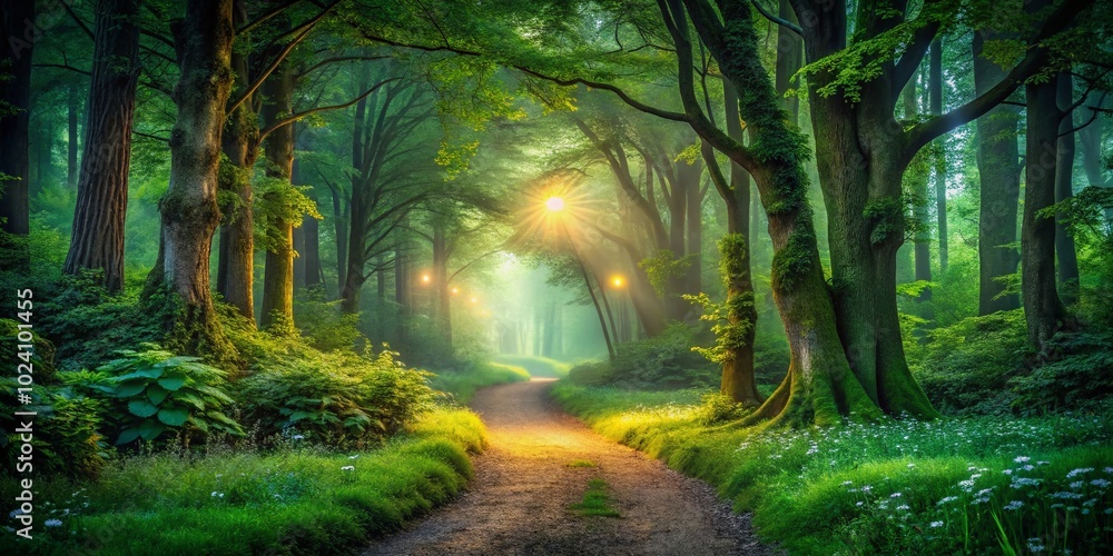 Obraz premium Enchanting Summer Forest Path Bathed in Sunlight - Nature's Serenity and Beauty in a Lush Green Environment