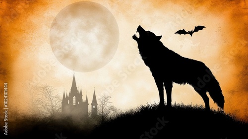 Howling Wolf Against Spooky Moon and Castle Scene