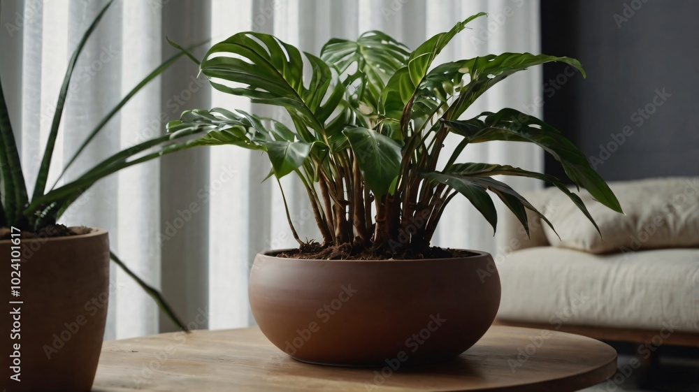 Fototapeta premium A green plant in a brown pot sits on a wooden table in a sunlit room with soft fabric furniture and sheer curtains