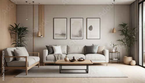 Minimalist, japandi interior design of modern living room.