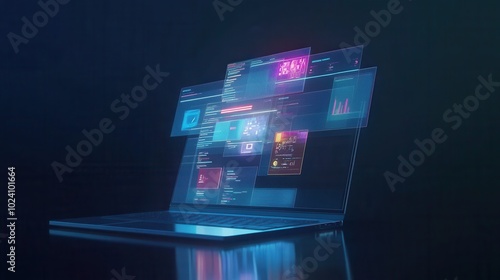 Wallpaper Mural Laptop with digital world web floating in front of screen, 3d render Torontodigital.ca