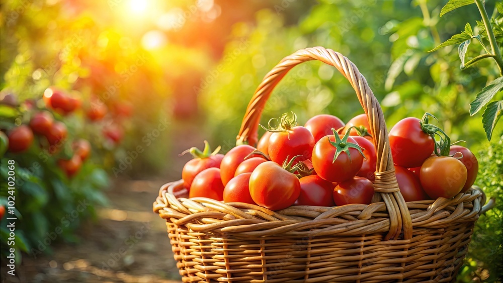 A wicker basket overflowing with plump, sun-kissed tomatoes, nestled amidst a vibrant green garden, bathed in the golden glow of the setting sun. A wicker basket overflowing with plump, sun-kissed tomatoes, nestled amidst a vibrant green garden, bathed in the golden glow of the setting sun.