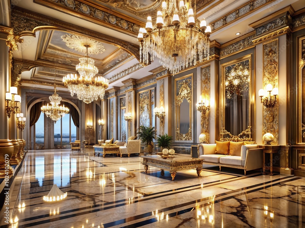 Fototapeta premium Enigmatic Night Photography of Gold Leaf and Marble Elegance for Interior Design Inspiration