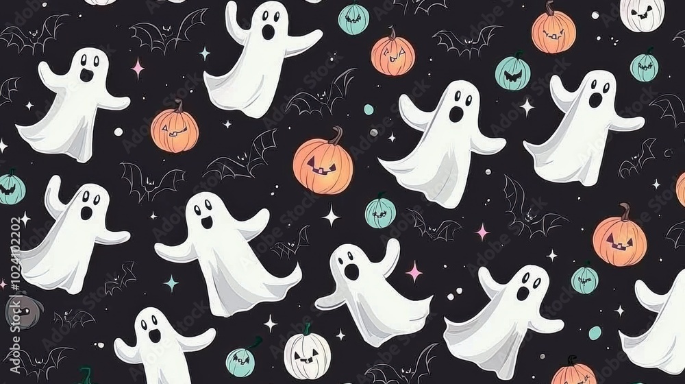Whimsical Halloween Pattern with Ghosts and Pumpkins Whimsical Halloween Pattern with Ghosts and Pumpkins
