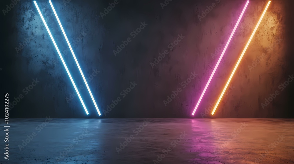 A dark, empty space with two neon lights, one blue and one pink, on a textured wall with a grey concrete floor reflecting their glow. A dark, empty space with two neon lights, one blue and one pink, on a textured wall with a grey concrete floor reflecting their glow.