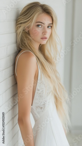 closeup woman leaning against wall white dress alluring girl long blonde hair face teen elf looking directly professional russian