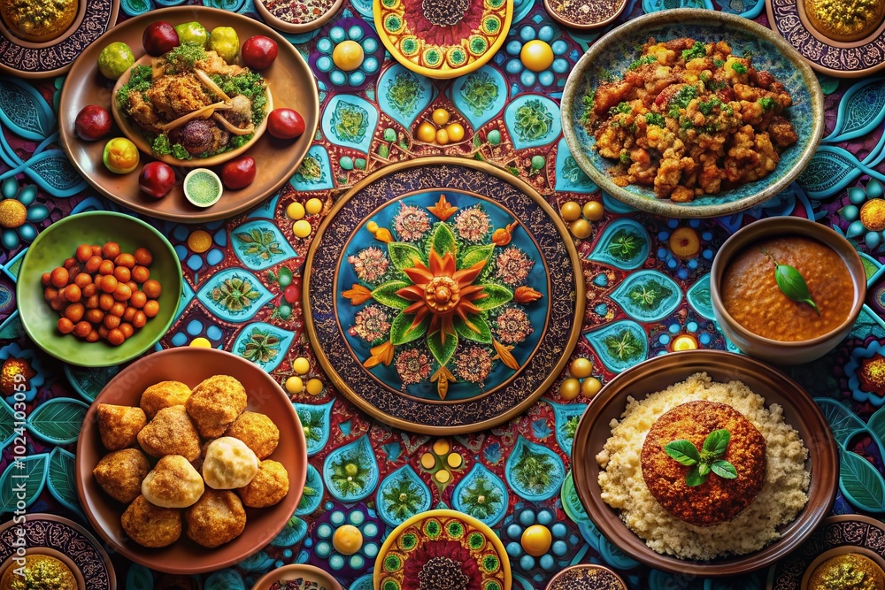 Experience an enchanting celebration of Eid al-Fitr and Eid al-Adha, adorned with a colorful mandala backdrop, reflecting the spirit and joy of Experience an enchanting celebration of Eid al-Fitr and Eid al-Adha, adorned with a colorful mandala backdrop, reflecting the spirit and joy of