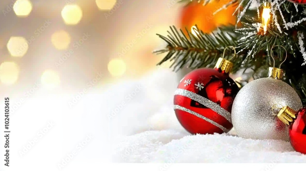 Festive Christmas Ornaments on Snowy Background Festive Christmas Ornaments on Snowy Background
