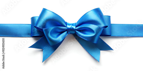 Blue ribbon bow on white background wrapping. Celebration greeting, Anniversary concept