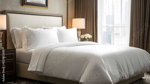 A king-sized bed with crisp white sheets and a plush comforter, surrounded by elegant decor