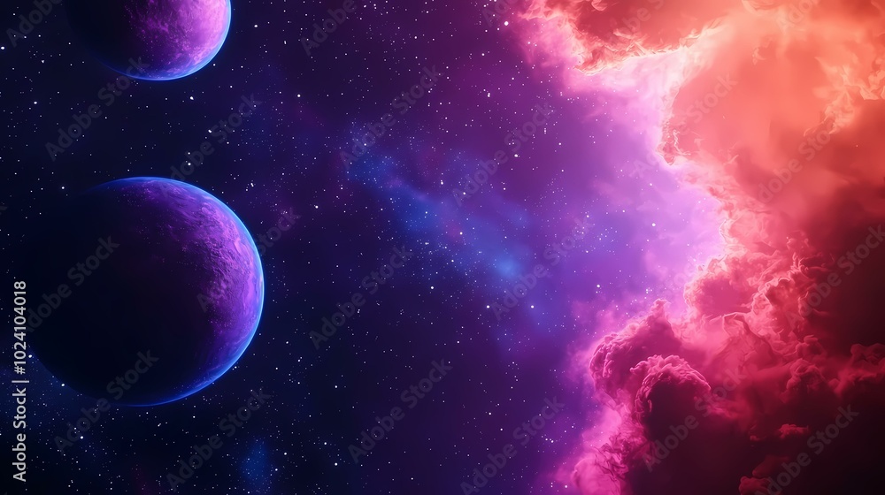 Obraz premium The image shows two planets, one is purple and the other is white with a faint pink hue. The planets are surrounded by a dark blue space filled with numerous white stars. In the right-hand corner of