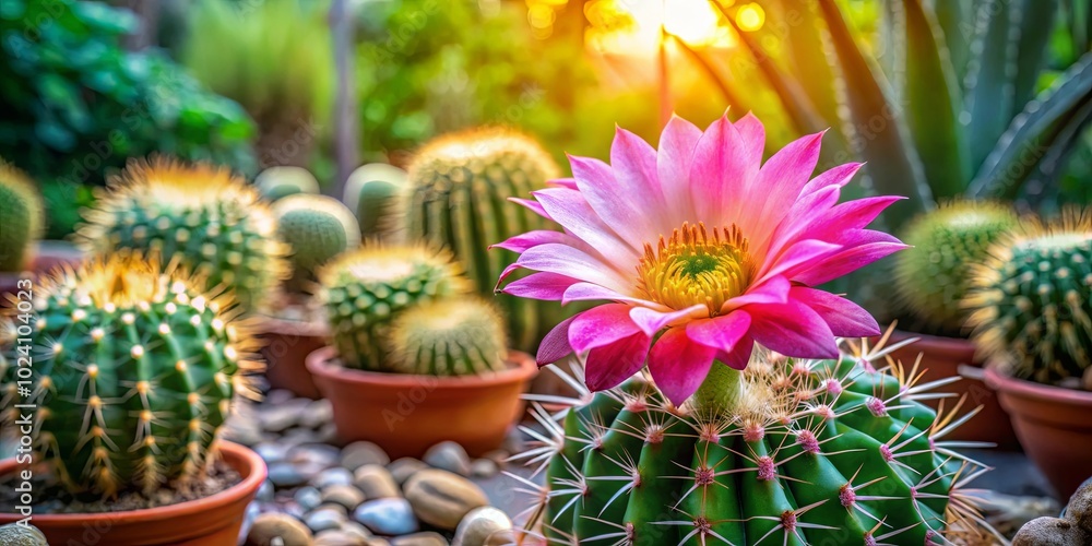 A vibrant pink flower blooms amidst a collection of spiky cacti, bathed in the warm glow of the setting sun. A vibrant pink flower blooms amidst a collection of spiky cacti, bathed in the warm glow of the setting sun.