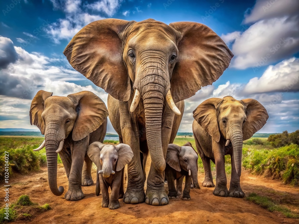 Fototapeta premium Explore the captivating world of elephants and their young, highlighting the distinctive long trunks and large ears