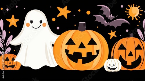 Cute Halloween Ghost with Pumpkins and Bats